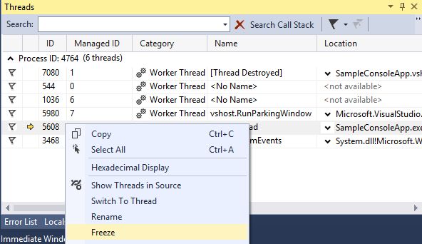 Different Options in Threads Window